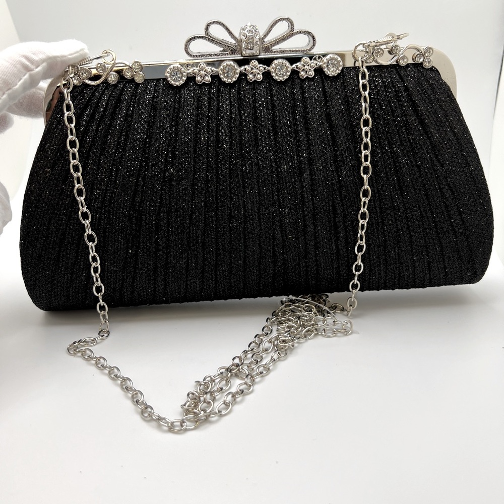 Black Metal Fabric Glitter Evening Clutch Bag - Picture 16 of 16